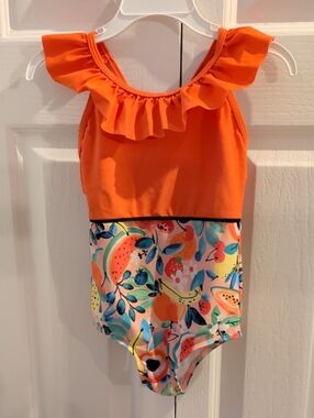Girls' Orange Ruffle One-Piece Swimsuit with Tropical Print